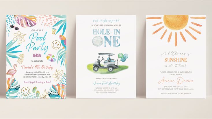 Sample party printables — pool party, golf birthday, and sunshine baby shower invitations